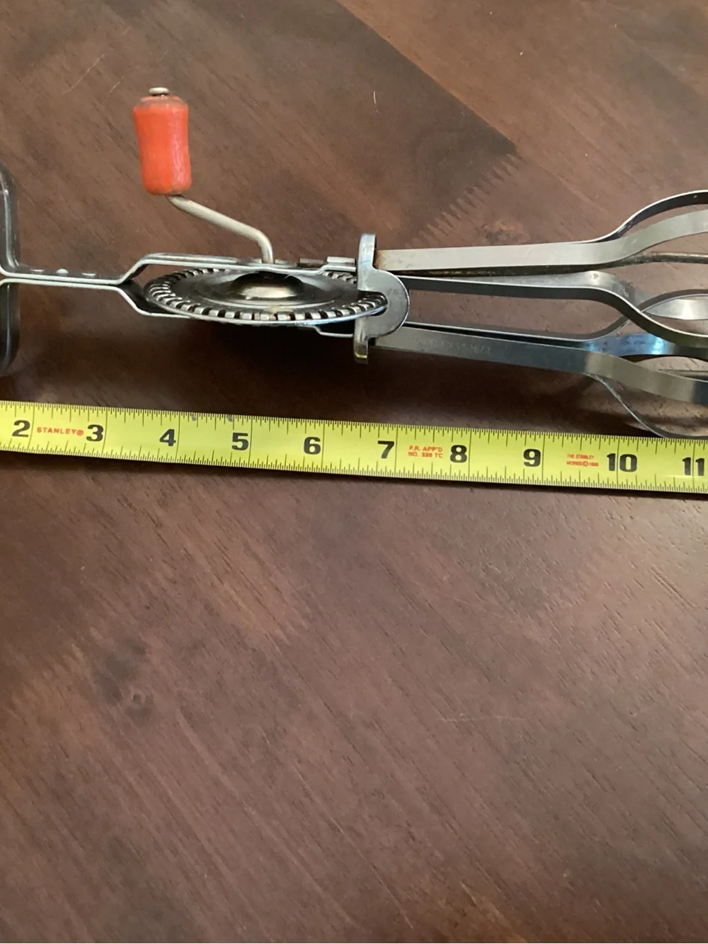 Vintage Hand Crank Egg Beater with Red Wooden Handle